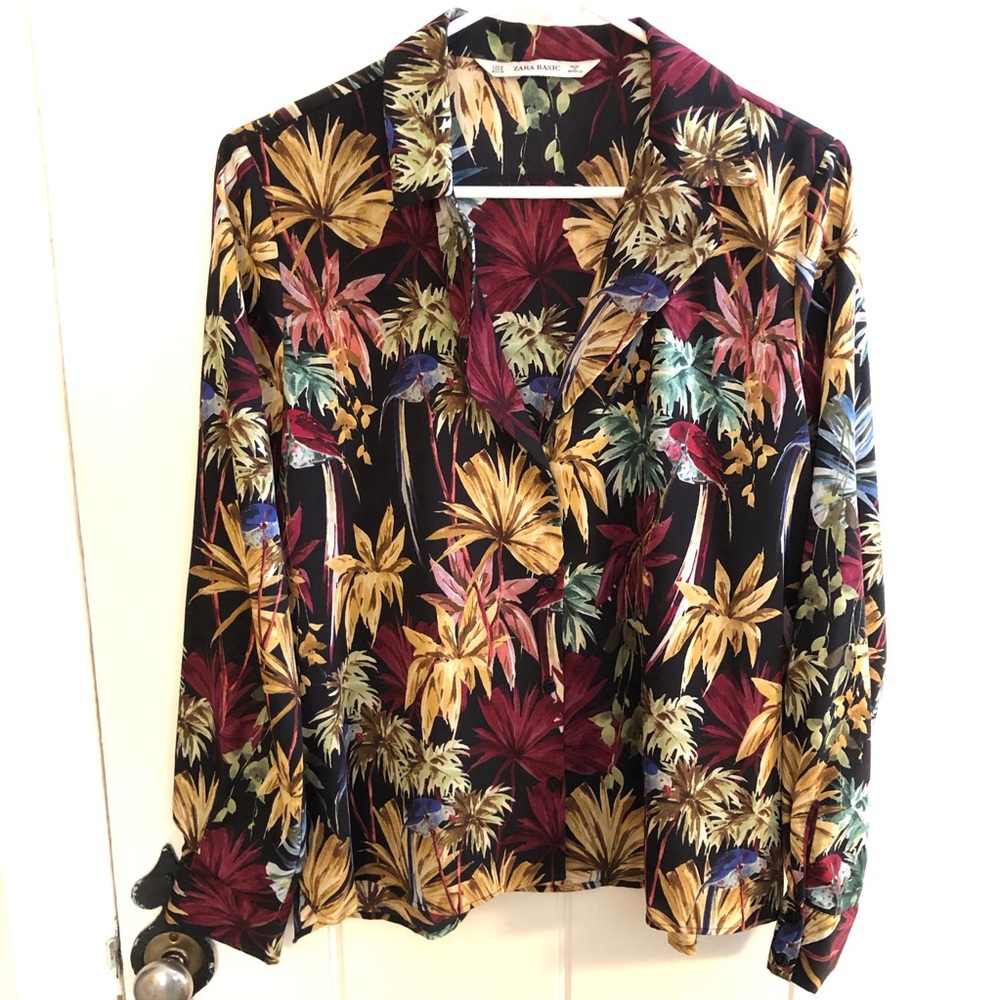 ZARA BASIC Jungle Parrot Long Sleeve Button Down M